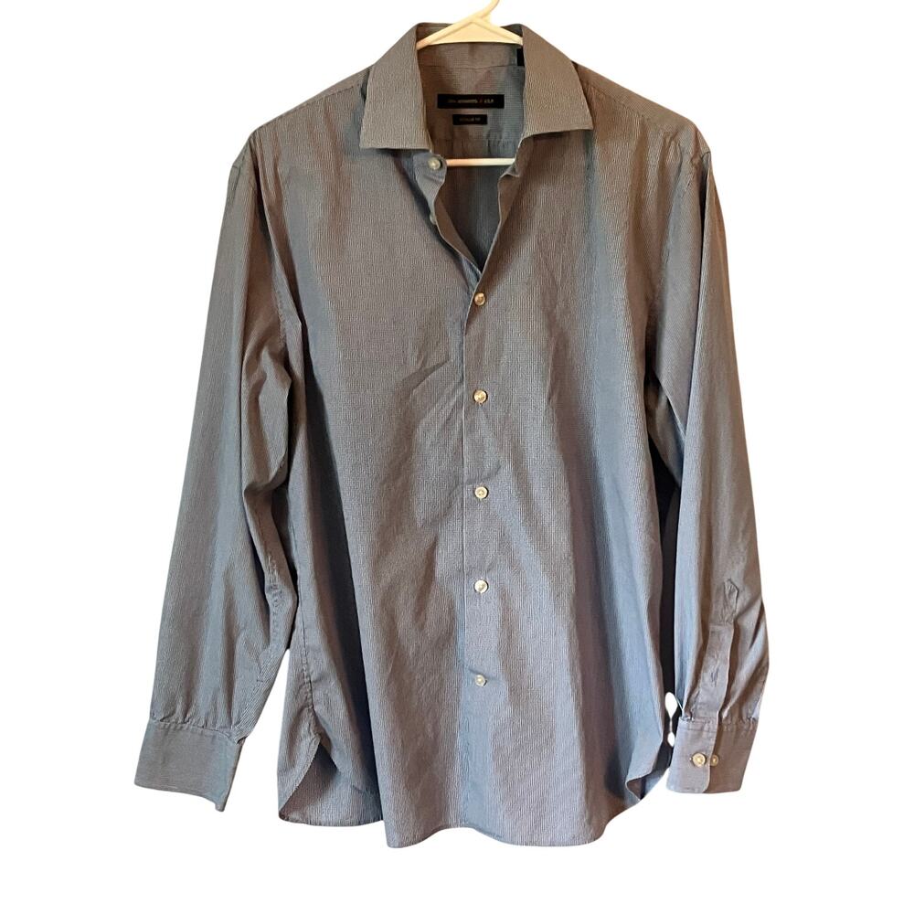 John Varvatos 15 1/2  Shirt Dress Blue White Plaid Design Button Long Sleeve